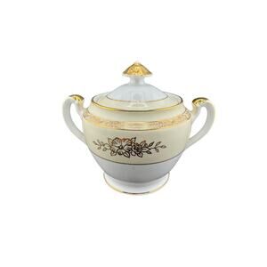 Noritake Mystery Pattern Gold Hibiscus Sugar Bowl White & Cream